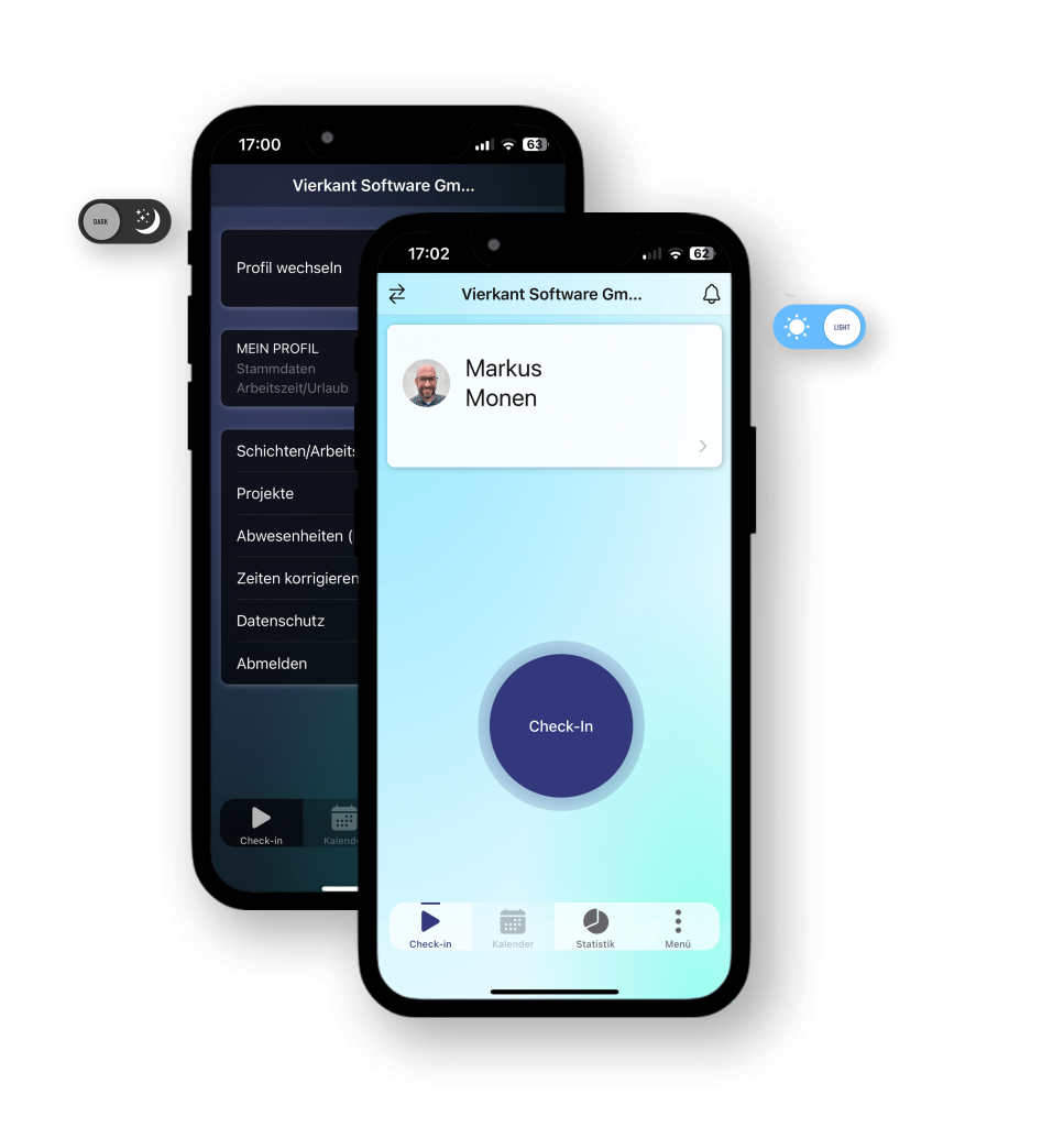 zeitbox, Zeiterfassung, Check-In, Funktionen, Buttons, Lightmode,, Darkmode